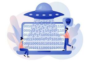 UFO spaceship with ray of light abducts data computer. Space concept. Alien. Futuristic unknown flying object. World Contact day. Modern flat cartoon style. Vector illustration on white background