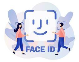 Face ID - big sign. Tiny people scans and recognition faceusing laser. Data security. Biometric identification system. Modern flat cartoon style. Vector illustration on white background