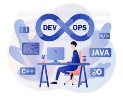 DevOps process. Tiny programmer practice of development and software operations. Software engineering culture. Modern flat cartoon style. Vector illustration on white background