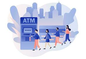 ATM concept. Banking terminal. Tiny people waiting in line near atm machine holding credit card. Online payment. Modern flat cartoon style. Vector illustration on white background