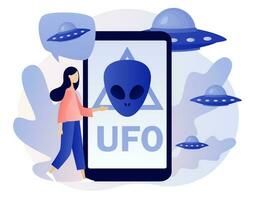 UFO spaceships. Alien sign on smartphone screen. UFO spaceships. Space concept. Futuristic unknown flying object. World Contact day. Modern flat cartoon style. Vector illustration on white background