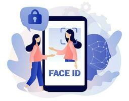 Face ID in smartphone app. Tiny woman scans and recognition faceusing laser use smartphone. Data security. Biometric identification system. Modern flat cartoon style. Vector illustration