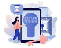 Escape room smartphone app. Quest room. Tiny people trying to solve puzzles, find key, gettout of trap, finding conundrum solution. Exit maze. Modern flat cartoon style. Vector illustration