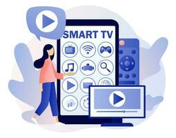 Menu Smart TV in smartphone app. Tiny woman watch video, content, applications on multimedia box tv. Modern television technology. Modern flat cartoon style. Vector illustration on white background