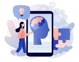 Human heads puzzle on smartphone screen. Mental health. Mutual understanding. Knowledge, psychology, memory, logic. Modern flat cartoon style. Vector illustration on white background