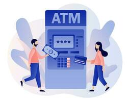 ATM concept. Banking terminal. Tiny people waiting in line near atm machine holding credit card and money. Online payment. Modern flat cartoon style. Vector illustration on white background