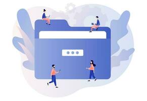 File management concept. Big Folder. Data storage. Documents and media content. Tiny people search files. Modern flat cartoon style. Vector illustration on white background