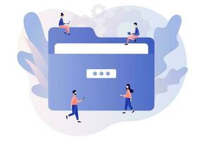 File management concept. Big Folder. Data storage. Documents and media content. Tiny people search files. Modern flat cartoon style. Vector illustration on white background