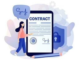 Contract online. Tiny businesswoman signing agreement, legal document or contract in smartphone app. Digital signature. Modern flat cartoon style. Vector illustration on white background