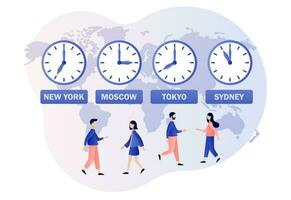 Time zones. International time and date. Clocks showing local timezone. Tiny people business worldwide. Modern flat cartoon style. Vector illustration on white background