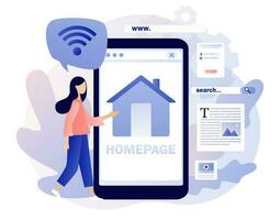 Homepage - web page design on smartphone. Tiny woman programmer working on website homepage development, optimization, setup. Modern flat cartoon style. Vector illustration on white background