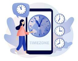 Time zones. International time and date. Clock showing local time in smartphone app. Tiny business woman worldwide. Modern flat cartoon style. Vector illustration on white background