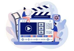 Video editor studio. Video maker online course. Tiny people footage editing and making multimedia content production in laptop app. Modern flat cartoon style. Vector illustration on white background
