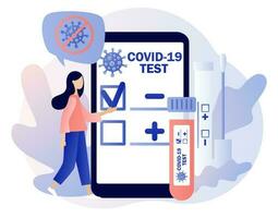 covid-19 pruebas. positivo o negativo pruebas resultado en teléfono inteligente aplicación minúsculo médico o enfermero haciendo coronavirus pcr prueba. paciente recepción covid-19 rápido prueba. moderno plano dibujos animados estilo. vector