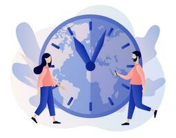 Time zones. International time and date. Big clock showing local time. Tiny business people worldwide. Modern flat cartoon style. Vector illustration on white background