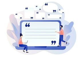 Quote box and speech bubble on laptop screen. Tiny characters quoted text great and famous people. Texting quote boxes. Modern flat cartoon style. Vector illustration on white background