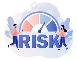 Risk management. Risk assessment. Business and investment concept. Risk big text and levels knob. Tiny people review, evaluate, analysis risk. Modern flat cartoon style. Vector illustration