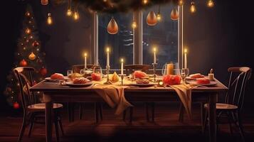 Navidad víspera cena con decorado mesa y colgando Navidad árbol sucursales. generativo ai foto