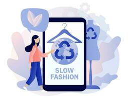 Slow fashion concept. Earth planet, clothes hanger and mannequin. Sustainable fashion. Reuse, reduce, recycle. Eco-friendly manufacturing. Modern flat cartoon style. Vector illustration