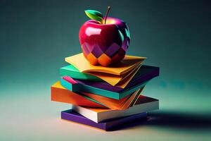 Stack of colorful books and fresh apple. photo