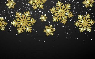 Shining gold snowflakes on black background. Christmas and New Year background. Vector illustration