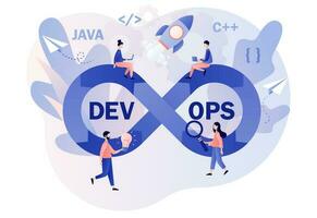 DevOps concept. Tiny programmers practice of development and software operations. Sign of infinity as symbol software engineering. Modern flat cartoon style. Vector illustration on white background