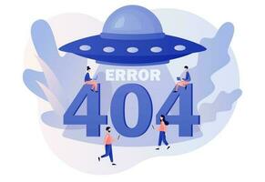 404 error. Page not found. UFO. Tiny people updates system, installation programs, system maintenance. Modern flat cartoon style. Vector illustration on white background