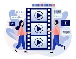 Video editor. Tiny people footage editing and making multimedia content production. Video maker online course. Studio filmmaking. Modern flat cartoon style. Vector illustration on white background