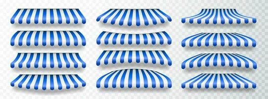 Realistic striped shop sunshade. Store awning. Shop tent isolated set. Vector illustration