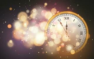 New Year poster with old circle clock and bright bokeh effect. Festive magic luminous background. Holiday design for Christmas. Vector illustration