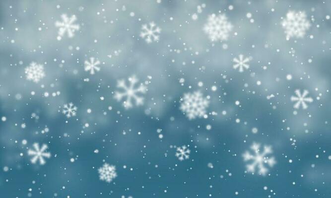 Snowfall Christmas background. Flying snow flakes and stars on winter blue  sky background. Winter wite snowflake template. Vector illustration, Stock  vector