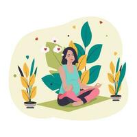 un joven embarazada mujer es meditando en el antecedentes de verde y amarillo hojas. bandera, póster para proyectos el embarazo, yoga. plano ilustración. vector