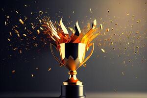 close up golden trophy Winner concept with man on cup prize. photo