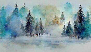 Watercolor winter pine tree forest background. Hand painted snowy conifer spruce trees illustration. photo