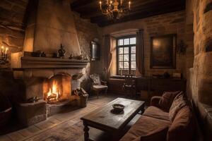 Cozy fireplace in a room in a medieval gothic castle. photo