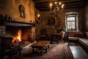 Cozy fireplace in a room in a medieval gothic castle. photo