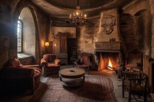 Cozy fireplace in a room in a medieval gothic castle. photo