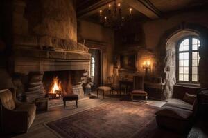 Cozy fireplace in a room in a medieval gothic castle. photo