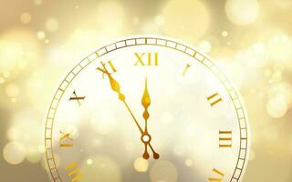 nuevo año póster con antiguo circulo reloj y brillante bokeh efecto. festivo magia luminoso antecedentes. fiesta diseño para Navidad. vector ilustración