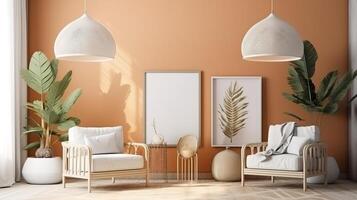 Mockup frame in coastal boho living room interior background. photo