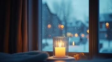 Home mockup, frame close up standing on windowsill at winter evening time. photo