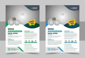 School admission flyer design template. online school kids education admission flyer and back to school admission flyer layout vector