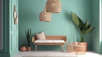 Mockup frame in coastal boho style interior, 3d render, Bright color. photo