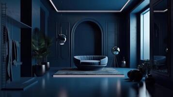 Dark blue home interior background, modern style, 3d render, Bright color. photo