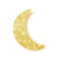 Gold shiny glitter glowing half moon with shadow isolated on white background. Crescent Islamic for Ramadan Kareem design element. Vector illustration