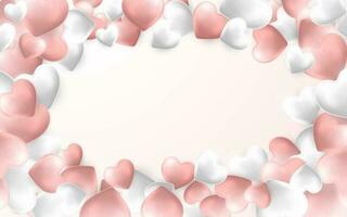 Happy Valentines Day background, pink and white hearts on light pink background. Vector illustration