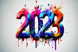 New year 2023. Bright 3D glass numbers with colorful bubbles. photo