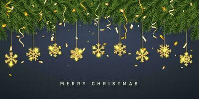 Festive Christmas or New Year Background. Christmas fir-tree branches with confetti and gold glitter snowflake. Holiday's Background. Vector illustration