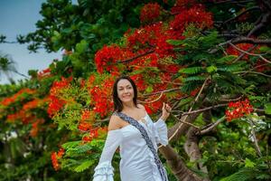 mujer en blanco vestir siguiente a un hermosa de flores árbol a el paredes rodeando el colonial ciudad de cartagena Delaware indios foto