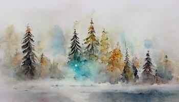 Watercolor abstract woodland, fir trees silhouette with ashes and splashes, winter background hand drawn illustration. photo